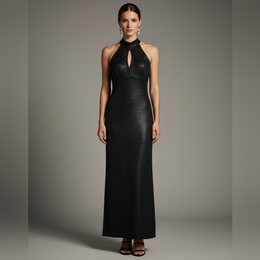 Just Choon Women's Black Shimmer Side Slit Halter Maxi Vintage Dress Size Medium